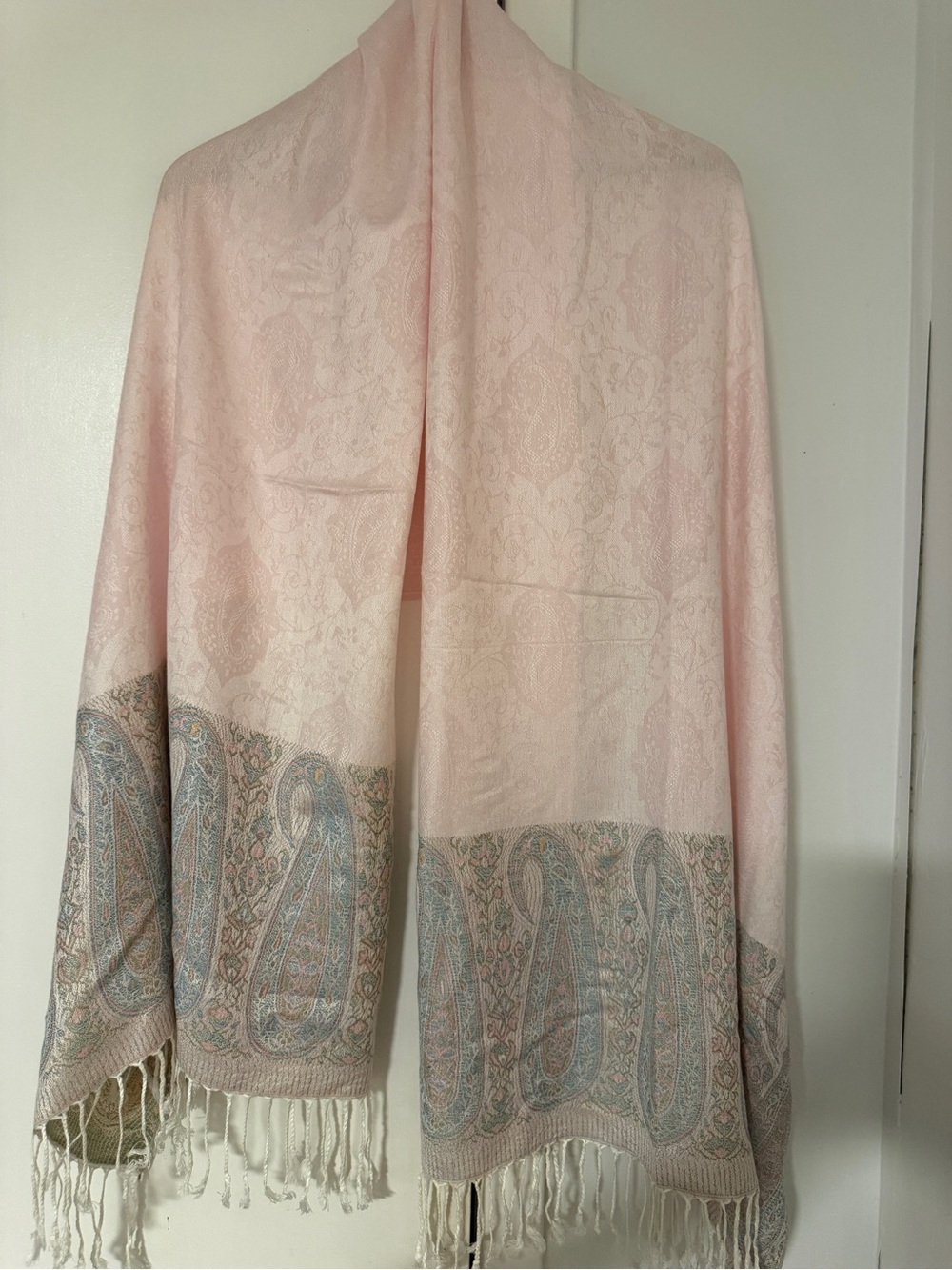 Light Pink Paisley-Trim Women's Shawl Coat